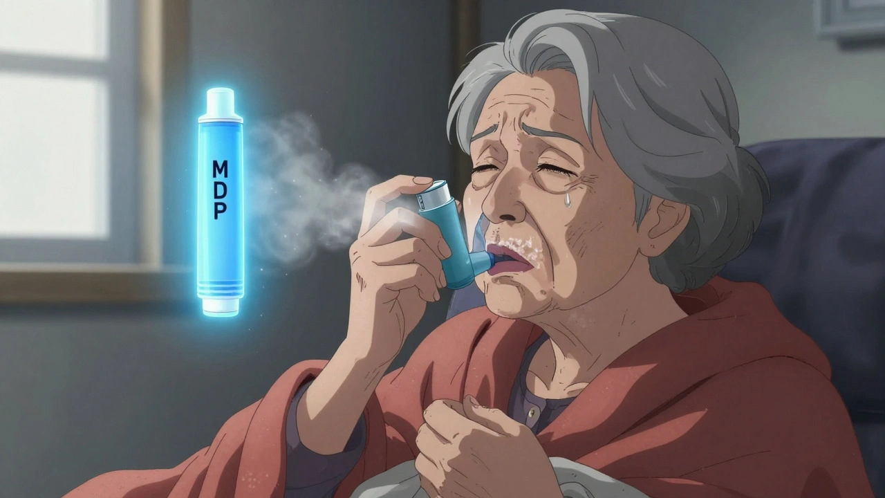 Elderly woman struggling with a dry powder inhaler, weak breath causing medicine to fall on lips.