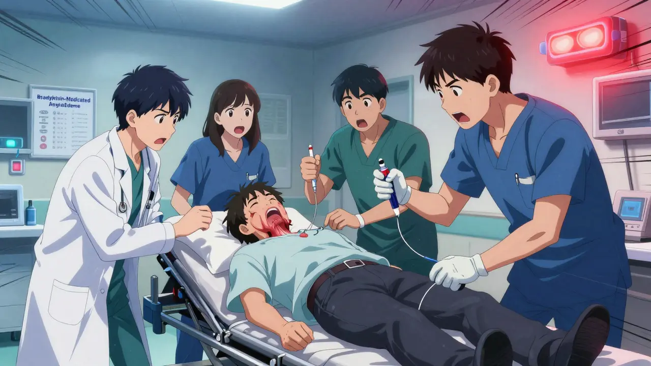 Emergency room scene with medical team rushing patient, icatibant injection in hand, swelling visible on throat.