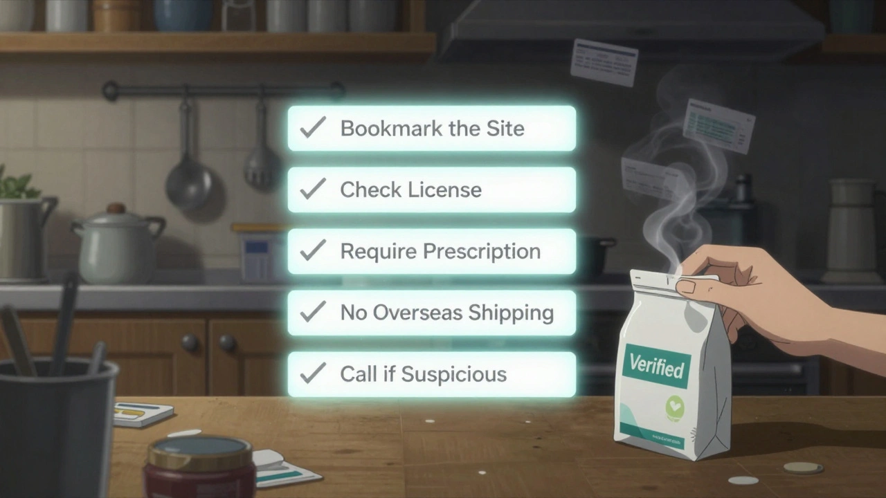 Glowing safety checklist hovering above table, real pharmacy bag in hand, fake websites dissolving into smoke.