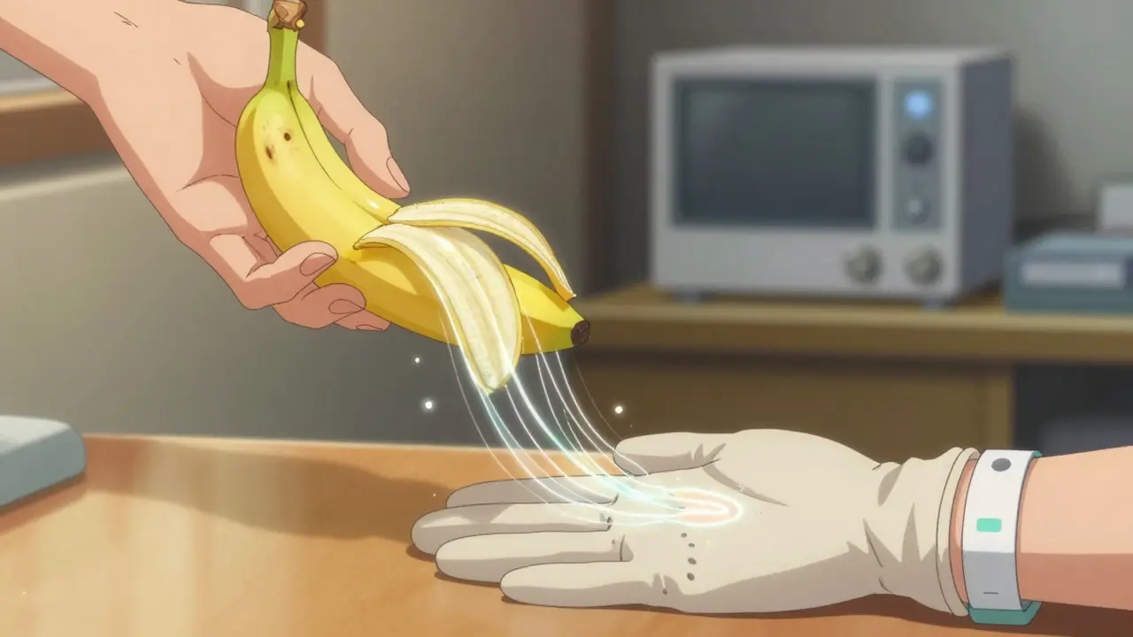 Hand holding a banana with glowing protein strands connecting to a latex glove, symbolizing cross-reactivity.