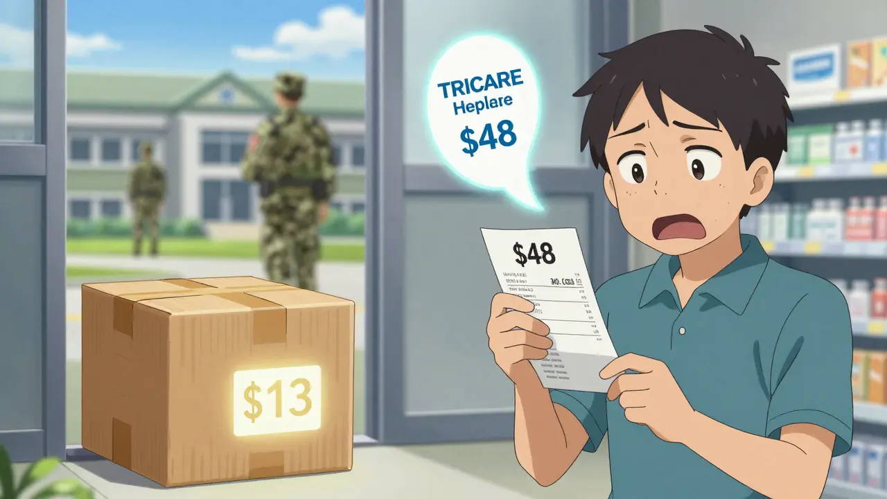 Home delivery prescription at  vs. retail pharmacy charge of , TRICARE helpline visible.