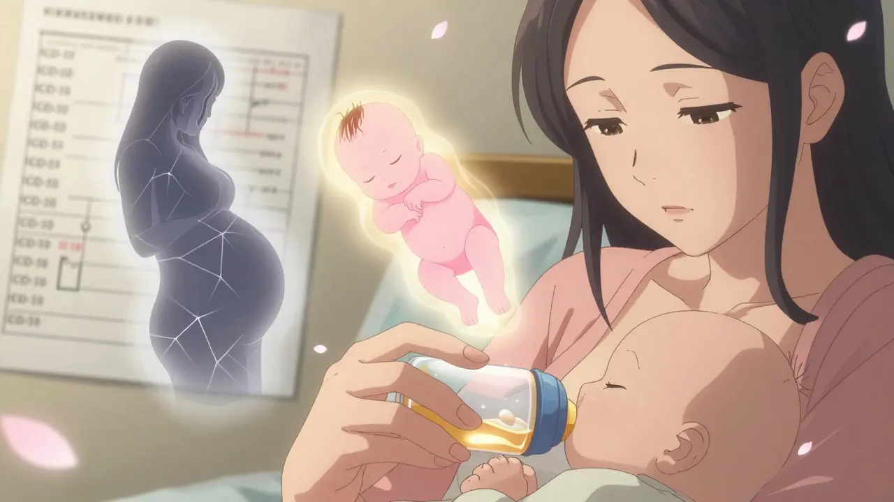 Mother breastfeeding with floating timelines showing safe vs. risky pregnancy outcomes