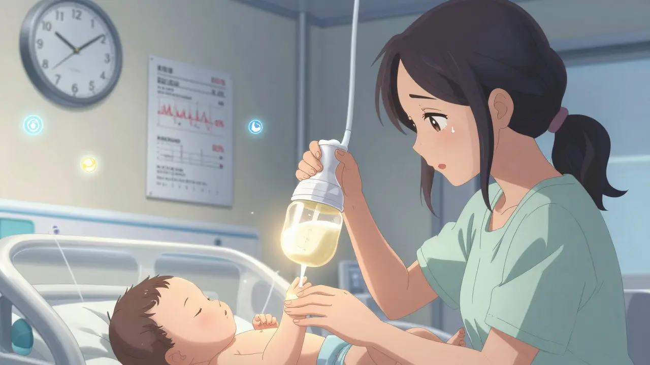Mother pumping milk before C-section while gazing at baby in incubator