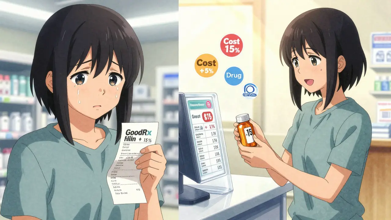 Patient comparing a high insurance copay with a low transparent pharmacy price under bright sunlight.