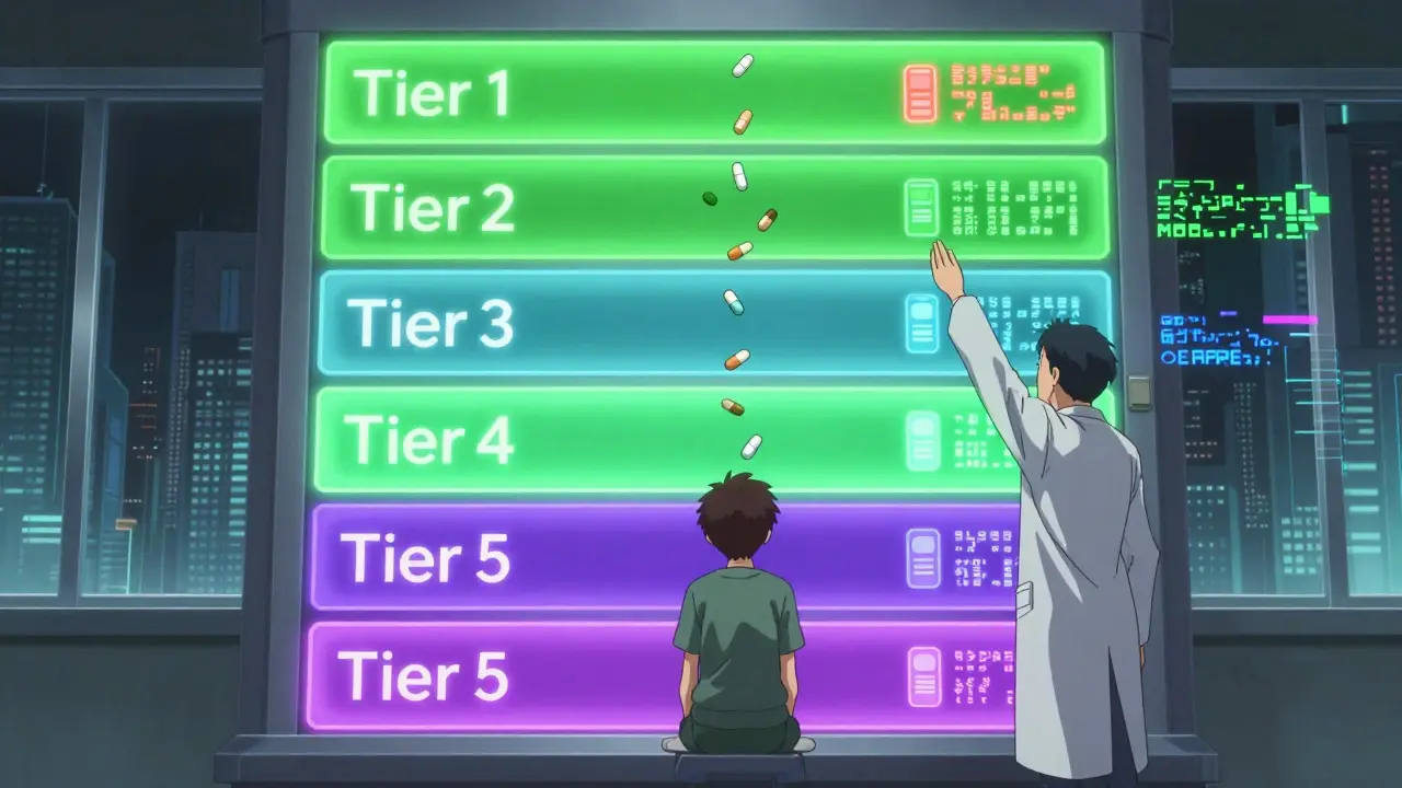 Patient facing a towering insurance tier wall with pills falling at different prices, pharmacist reaching to override.