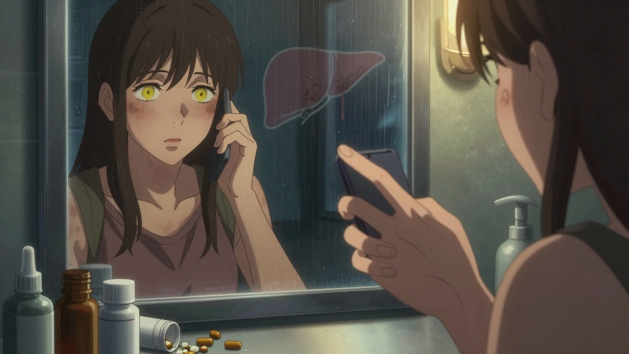 Person looking in mirror with jaundiced reflection, pill bottles on counter, rain on window, phone in hand.