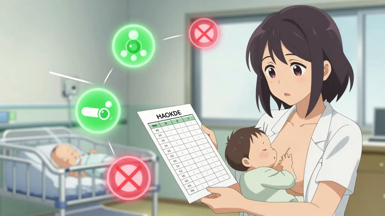 Pharmacist giving breastfeeding mother a medication schedule with safe and unsafe drug icons