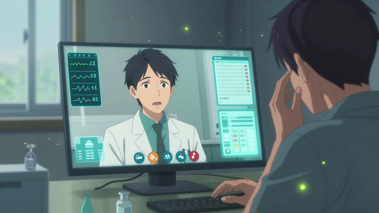 Pharmacist video-calling a rural patient, with health icons glowing around the screen during a telehealth check-in.