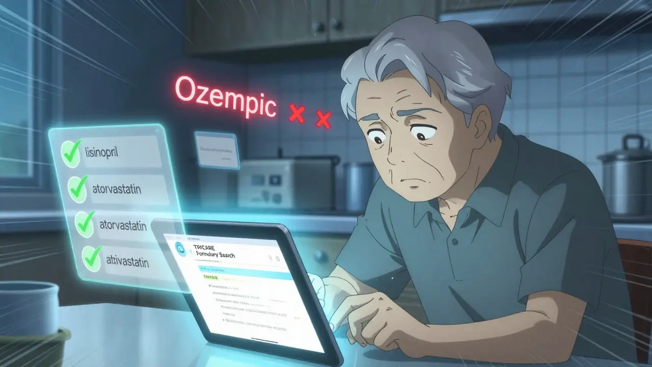 Retiree checking TRICARE formulary on a tablet, rejected weight loss drug fading away.