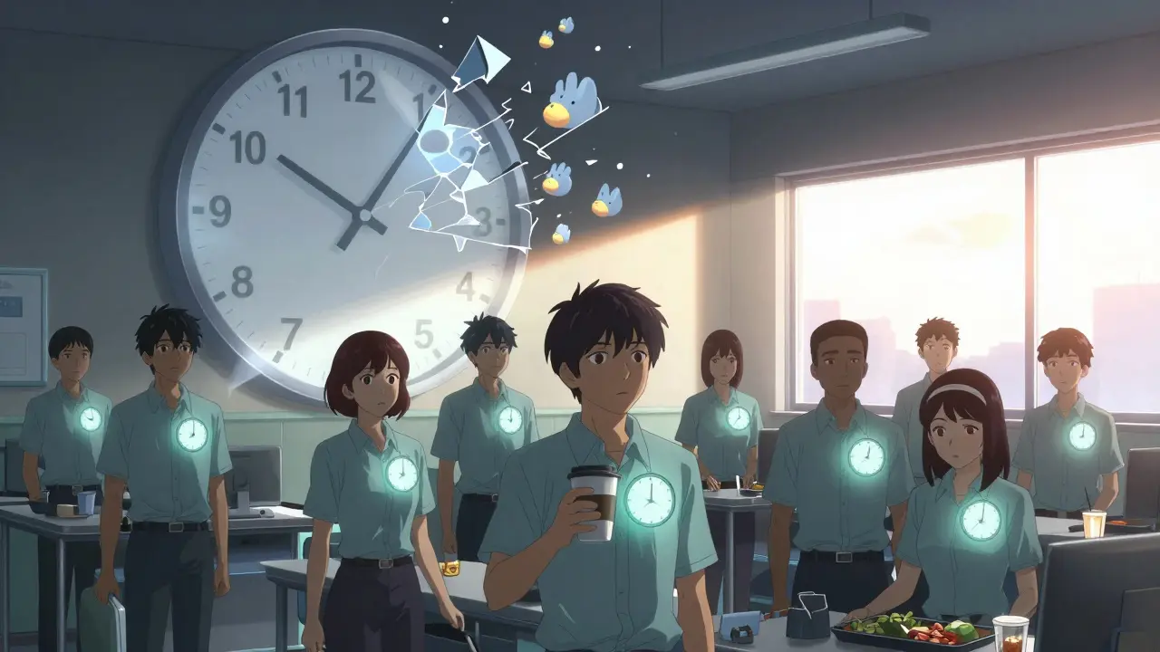 Shift workers in a hospital break room at 3 a.m., their internal clocks misaligned, as a fractured 24-hour clock looms above them.