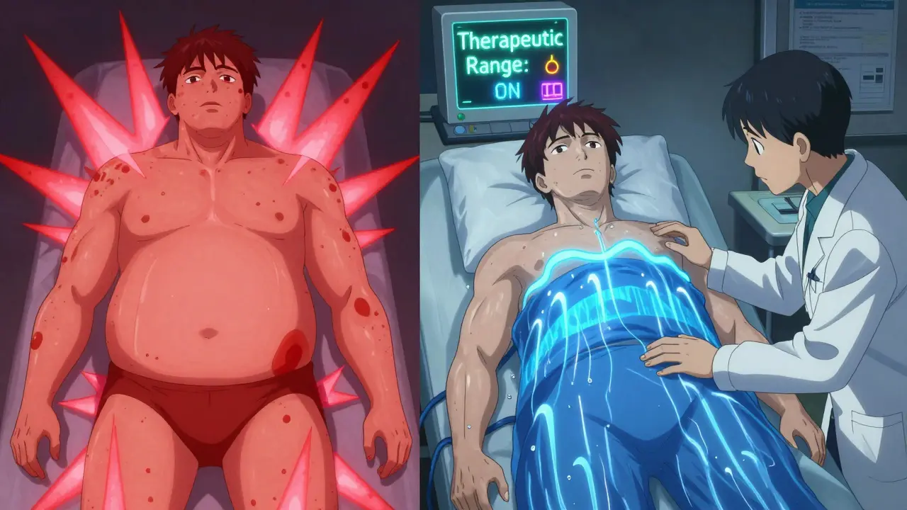 Side-by-side comparison of toxic vs. properly adjusted drug dosing in obese patients with a therapeutic monitor glowing blue.