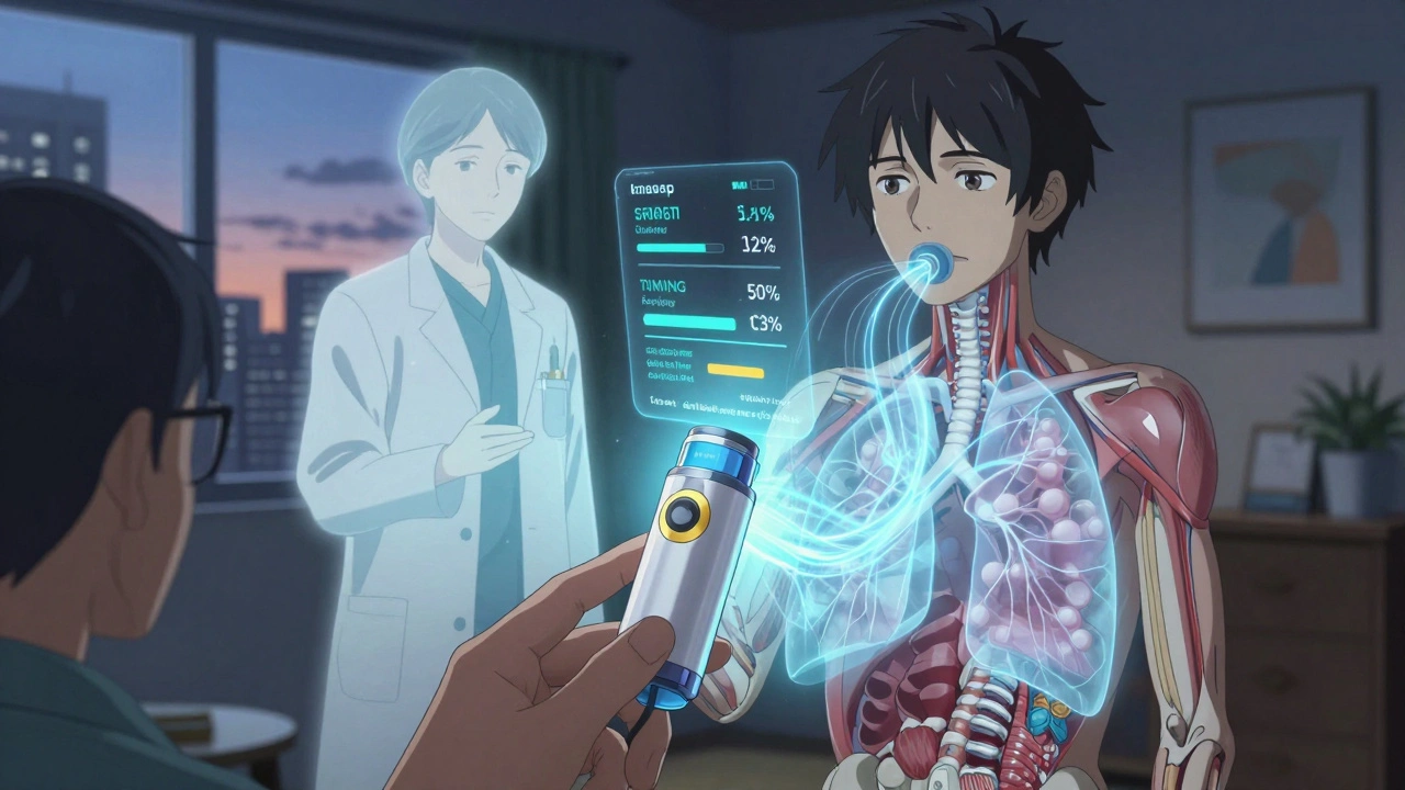 Smart inhaler with digital feedback guiding correct breathing technique for asthma.