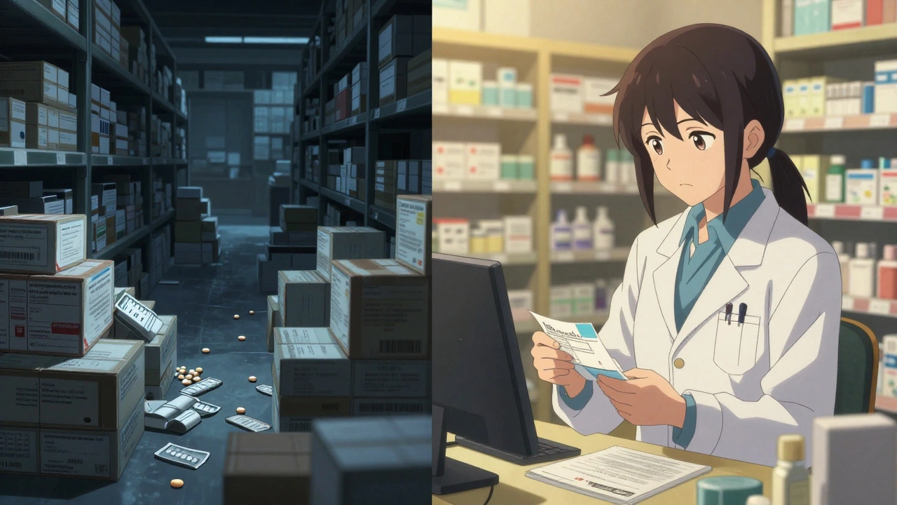 Split scene: counterfeit pill warehouse vs. licensed pharmacist verifying prescription with state database.