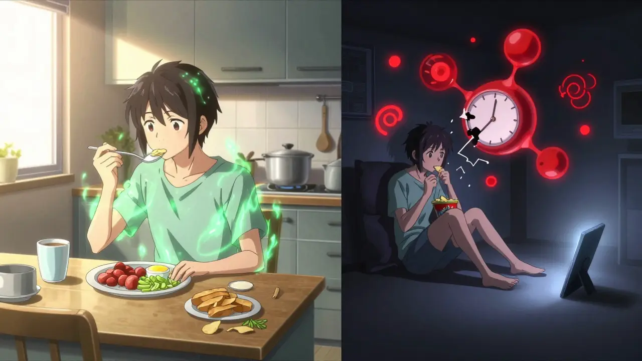 Split scene: healthy breakfast in sunlight vs. late-night snack under harsh LED light, with metabolic symbols contrasting.