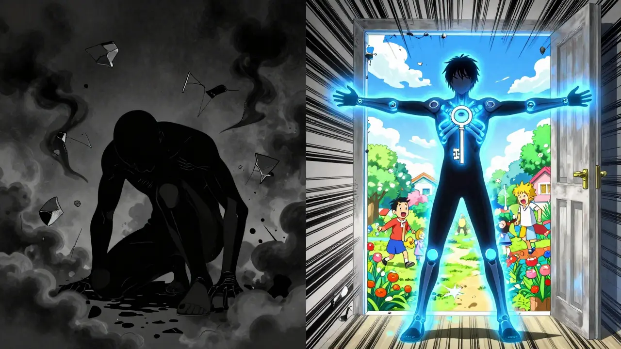 Split scene: left shows pain and joint decay, right shows health and empowerment with a glowing T2T key unlocking a bright future.