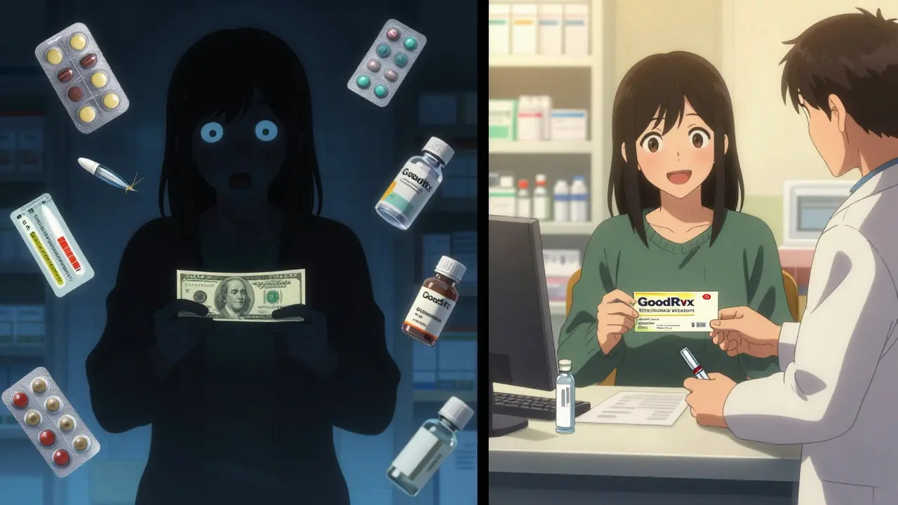 Split scene: one side shows shock at a customs bill, the other shows relief receiving affordable insulin at a pharmacy.