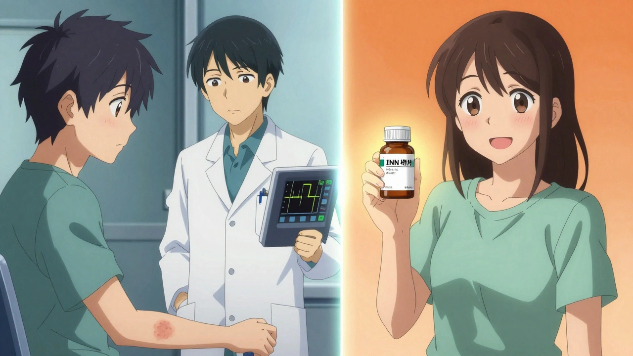 Split scene: patient with bruises and unstable INR on left, same patient smiling with stable INR and authorized generic on right.