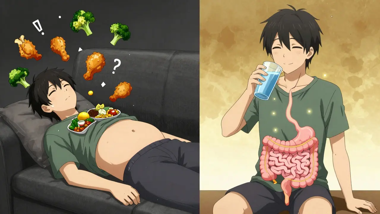 Split scene: person bloated after bad meal vs. calm after following diet rules.