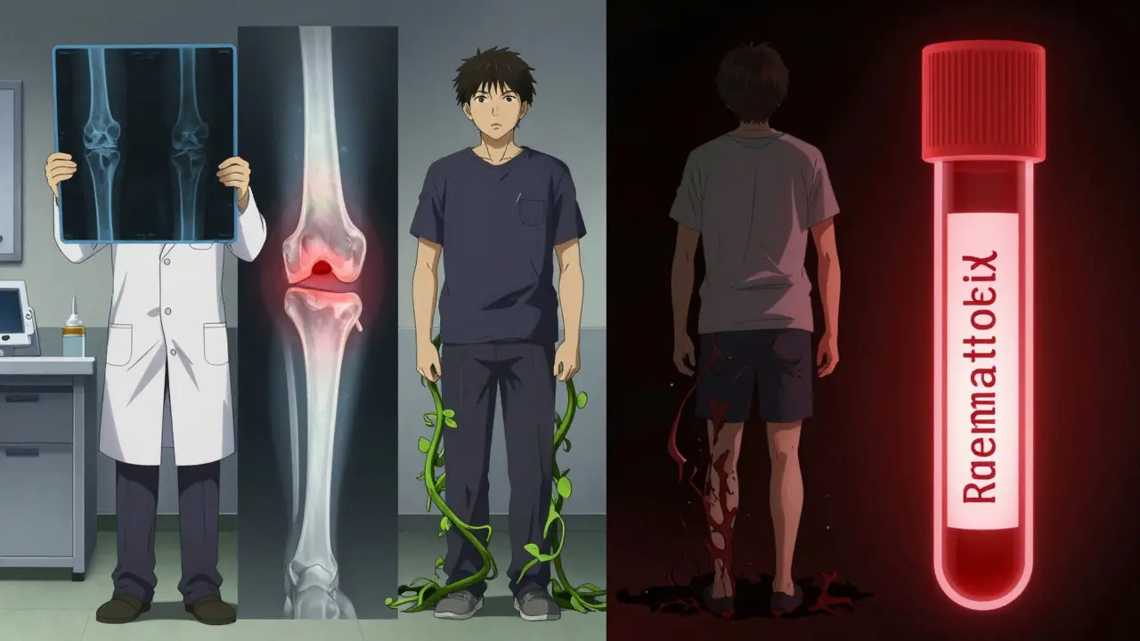 Split scene: X-ray of arthritic knee vs. blood test with antibodies, patient caught between treatments.
