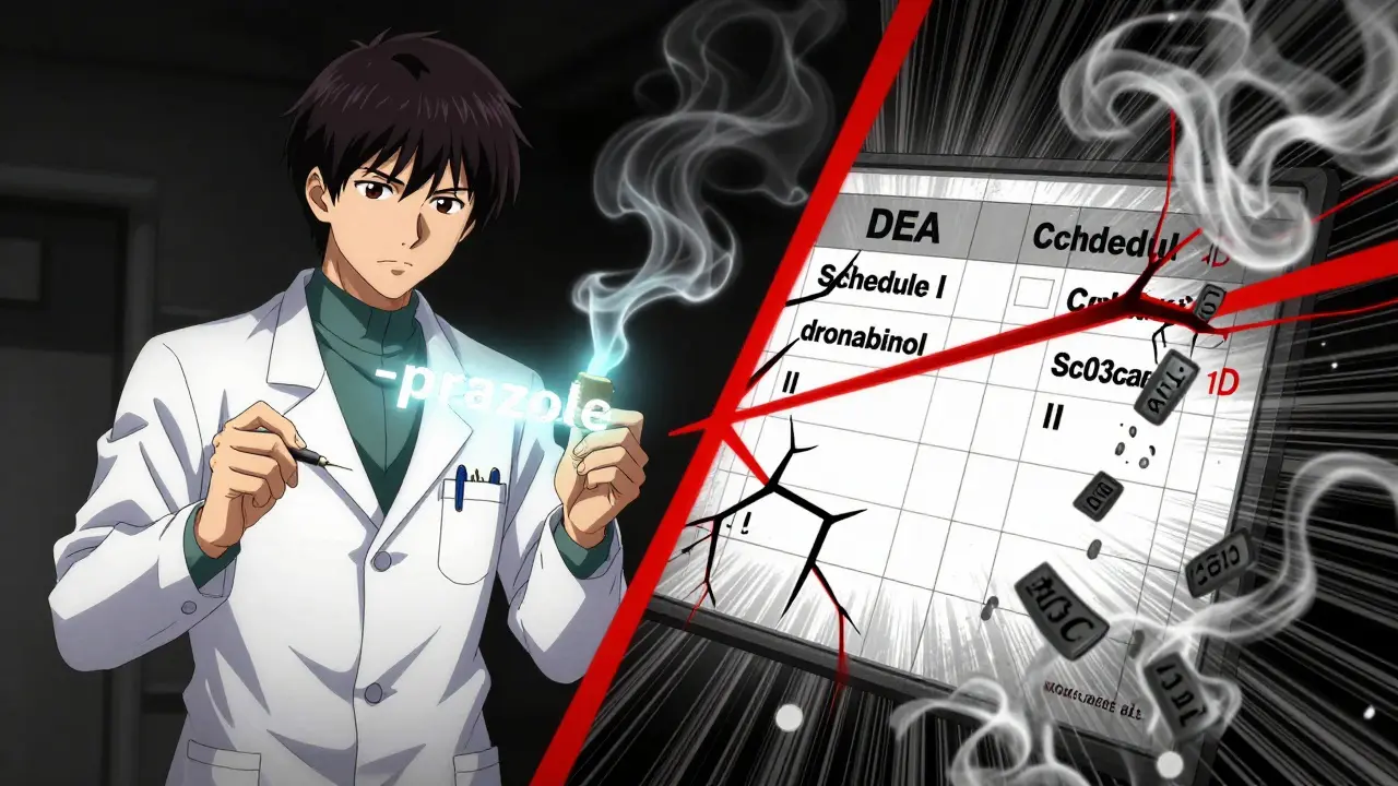Split-screen of doctor writing prescription with drug stem and DEA schedule chart with conflicting marijuana classifications.