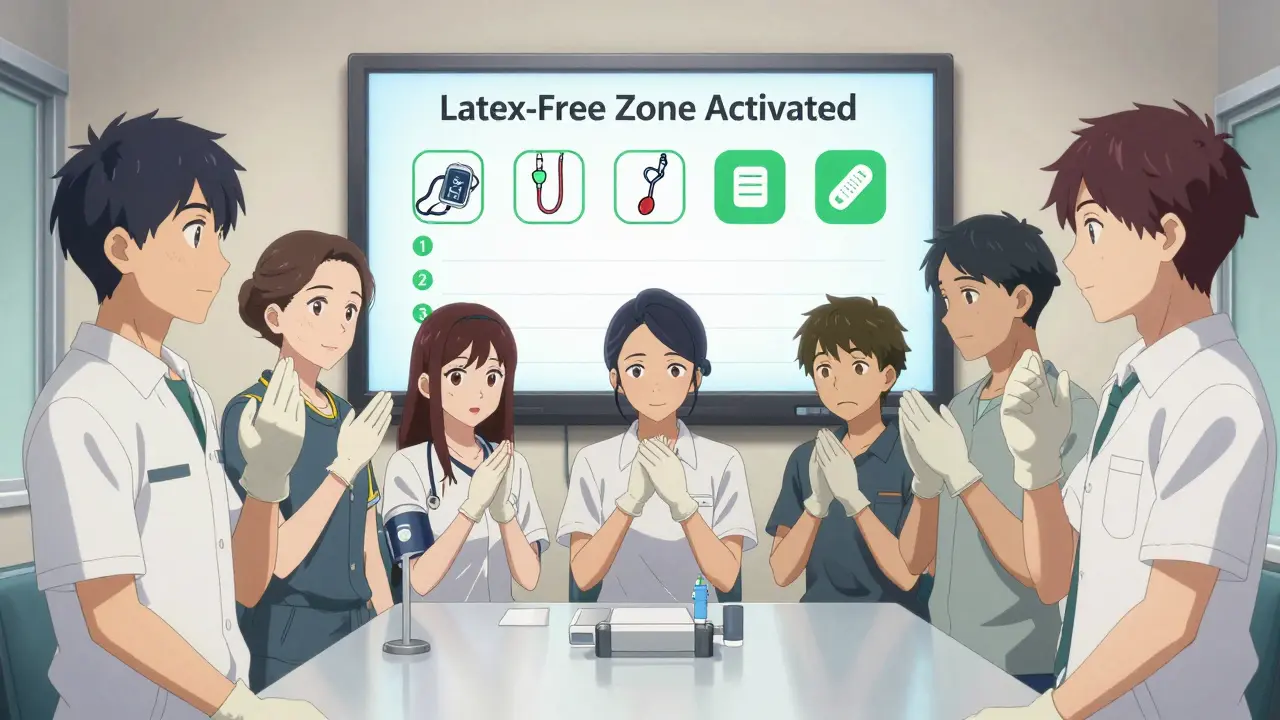 Team in a hospital break room with non-latex gloves and a 'Latex-Free Zone' digital checklist on screen.