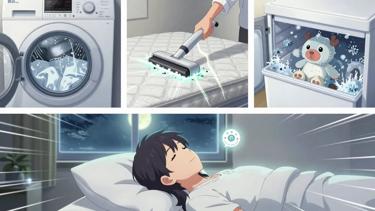 Weekly routine montage: hot wash, HEPA vacuum, frozen toy, peaceful sleep.