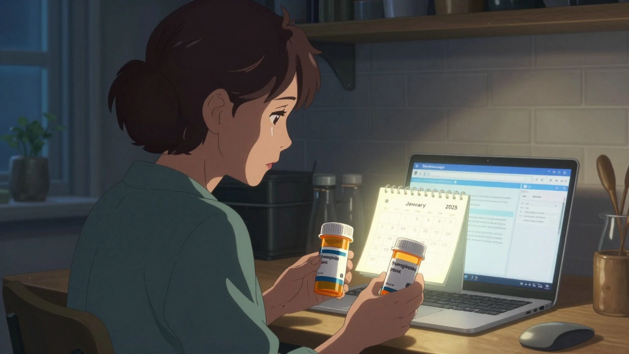 Woman comparing insulin prices on laptop with calendar showing 2025 generic drug rollout