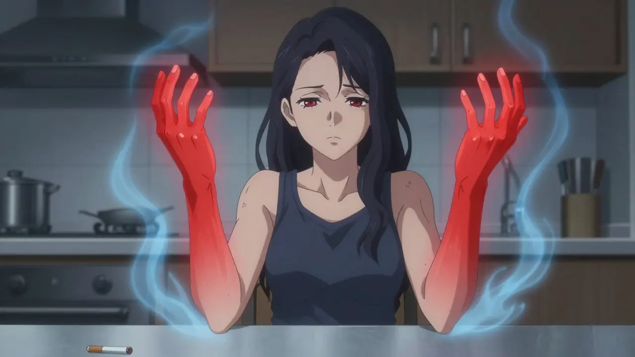 Young woman with symmetrical swollen wrists and glowing inflammation, smoking nearby.