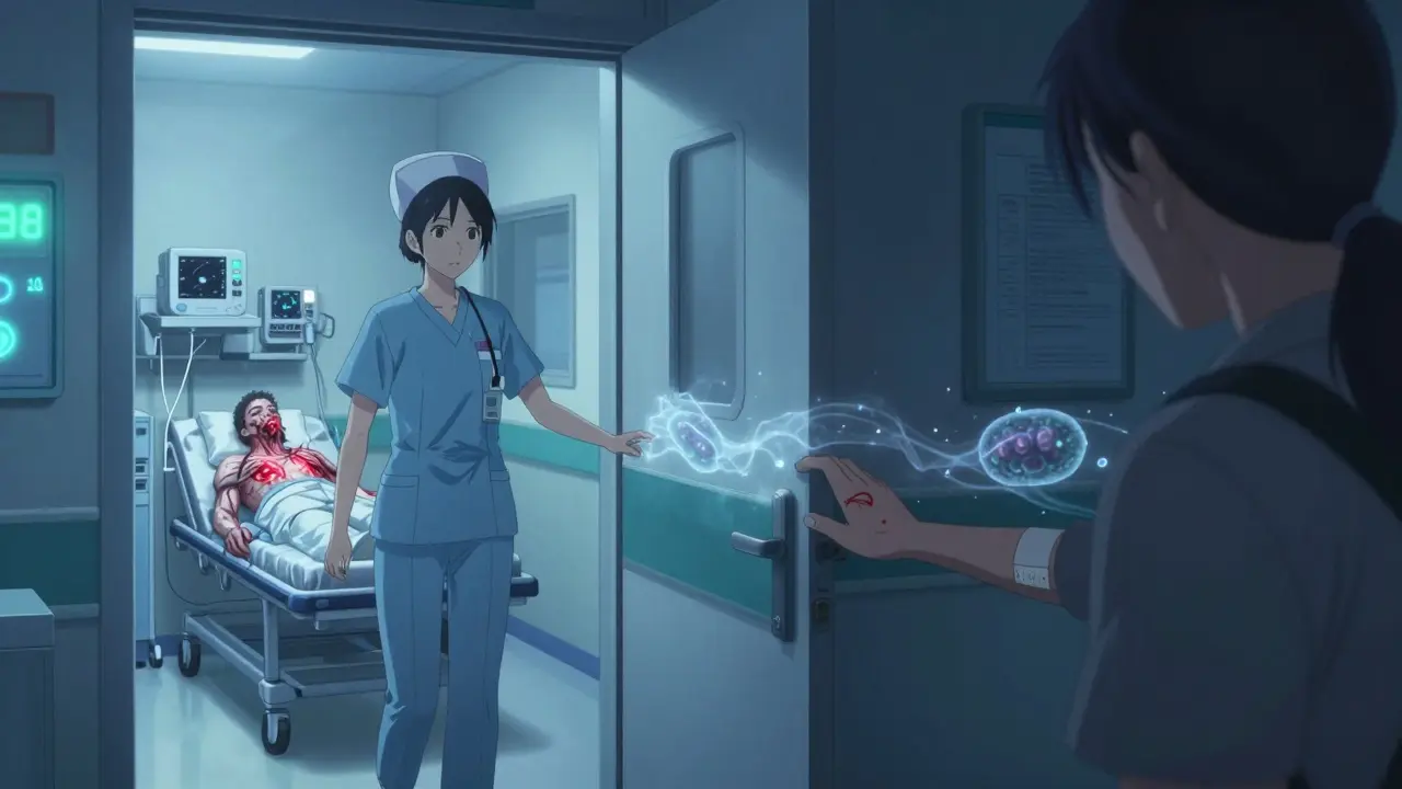 A hospital hallway at night with an infected patient inside and a visitor unknowingly spreading bacteria.