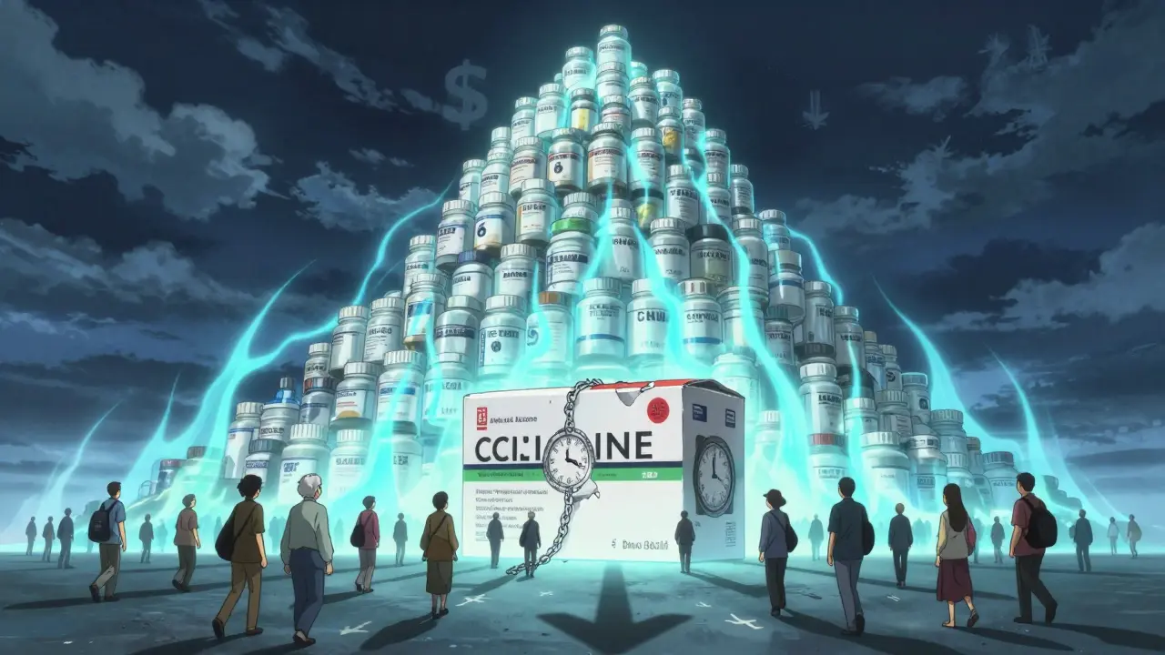 A massive mountain of generic pills towers over a broken brand-name drug box, with people walking freely below.