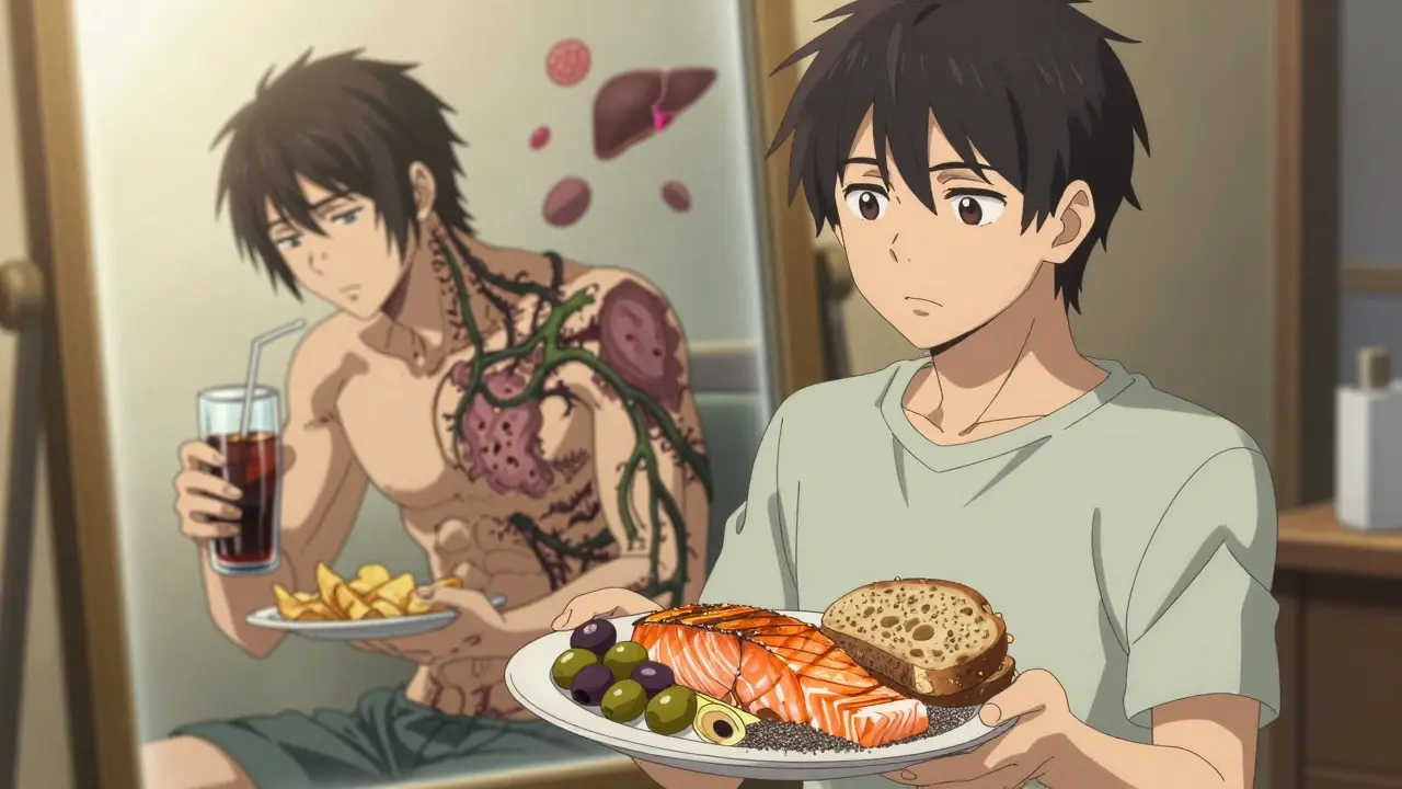 A person holding healthy Mediterranean food, their past self fading behind with fibrosis vines, golden light highlighting their resolve.