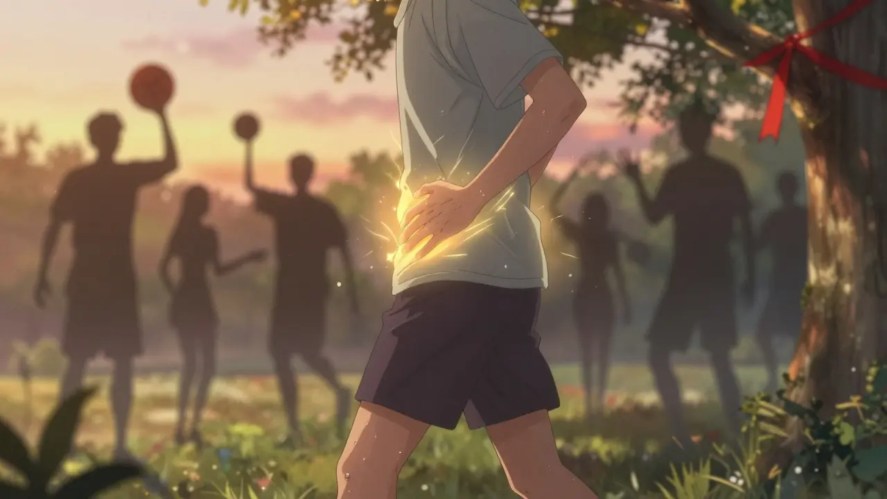 A person walking at sunset, gently touching their ribs, with fading memories of sports behind them, symbolizing slow recovery.