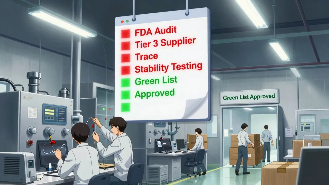 A pharmaceutical factory in India with workers repairing equipment as a floating checklist glows red except for three green-approved items.