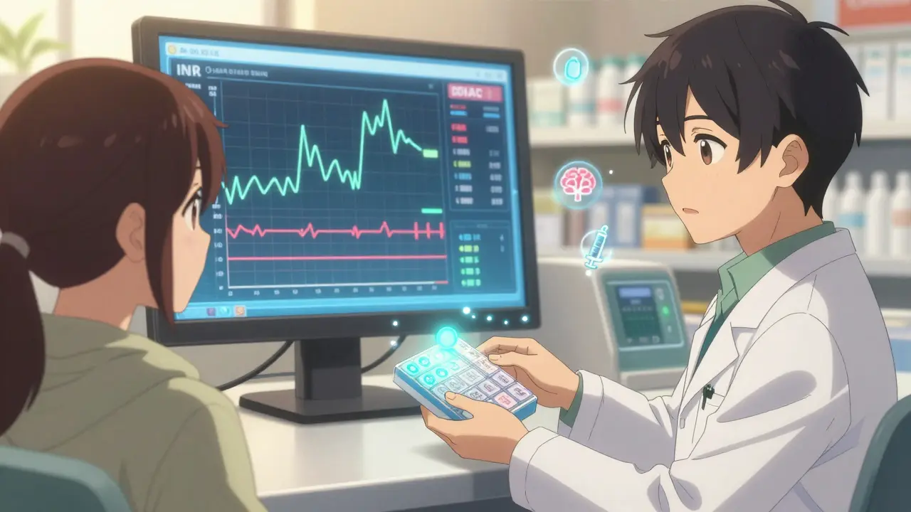 A pharmacist hands a patient a personalized pill organizer with glowing reminders in a warm pharmacy setting.