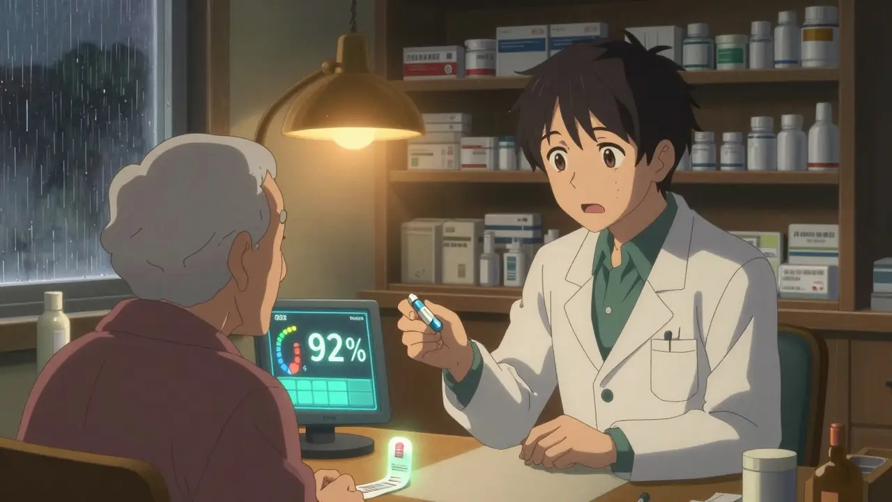 A pharmacist hands a sealed antibiotic tablet to an elderly patient, with a digital potency meter glowing softly in the background.