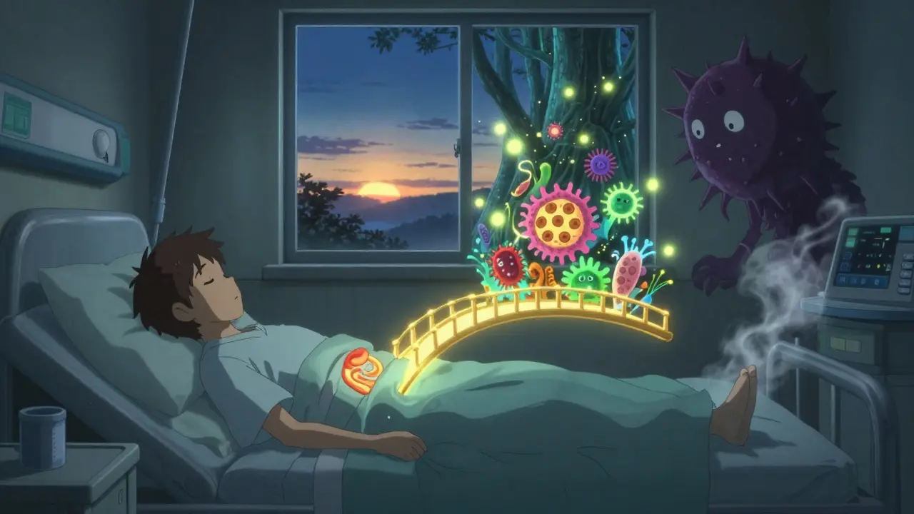 A sleeping patient with a glowing gut ecosystem restoring itself as a C. diff monster dissolves into smoke.