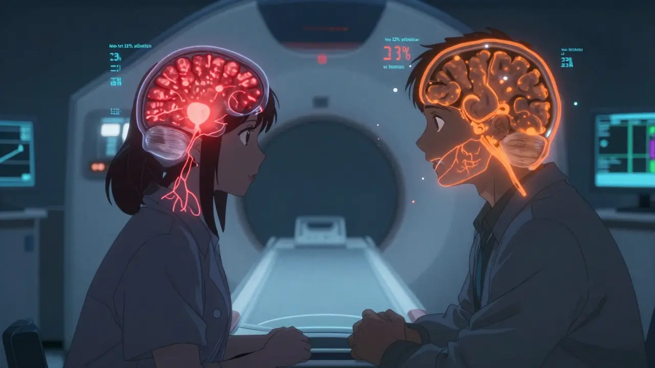 A woman and man in an fMRI scanner with glowing brain scans showing different neural responses to artificial sweeteners.