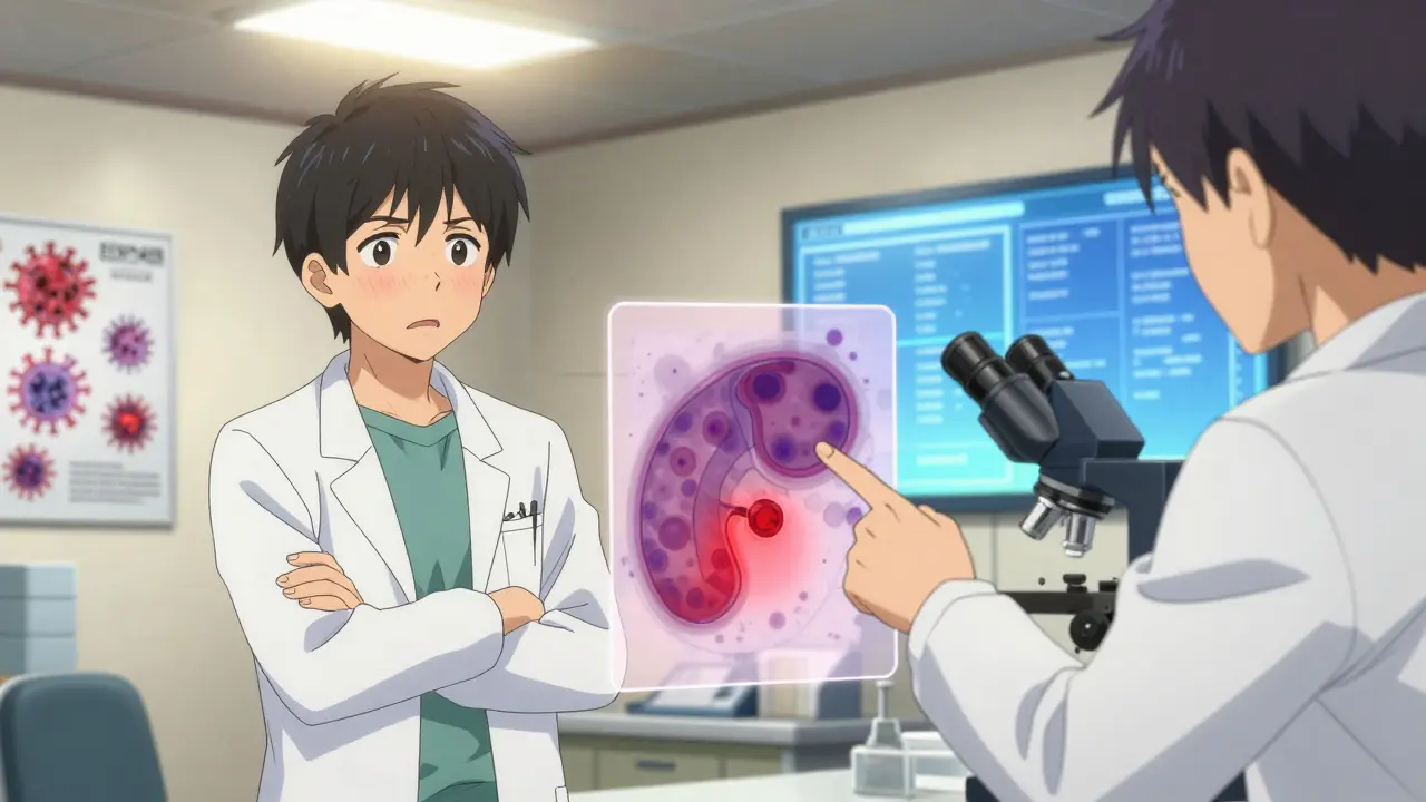 A young adult in a doctor’s office, frustrated, as a blood smear shows abnormal lymphocytes and an enlarged spleen glows red.