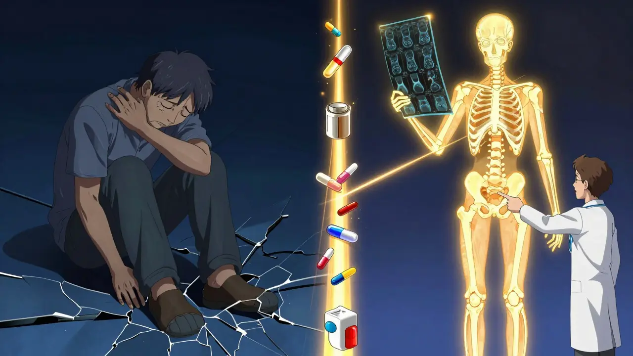 Contrasting scenes of bone fracture versus bone regeneration with medical treatment elements.