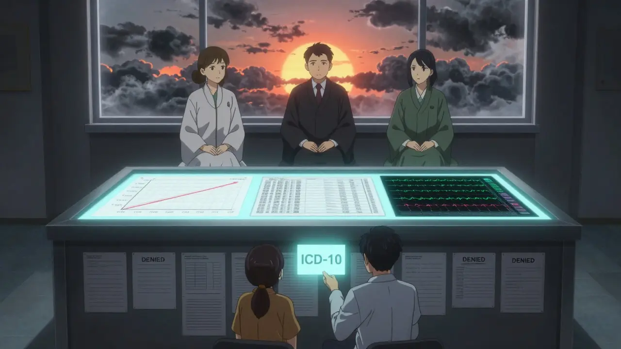 Patient and doctor presenting medical evidence to a neutral review panel, glowing data charts piercing through denied paperwork under a rising sun.