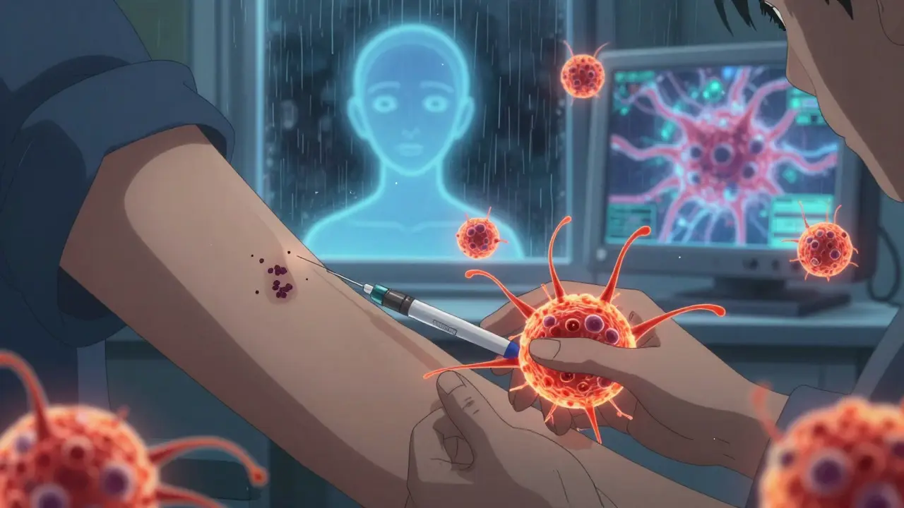 Patient receiving injection with microscopic protein clumps triggering immune response.