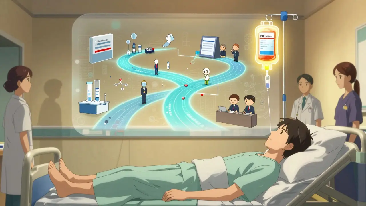 Patient receiving IV with translucent animation showing the drug’s journey through formulary approval.