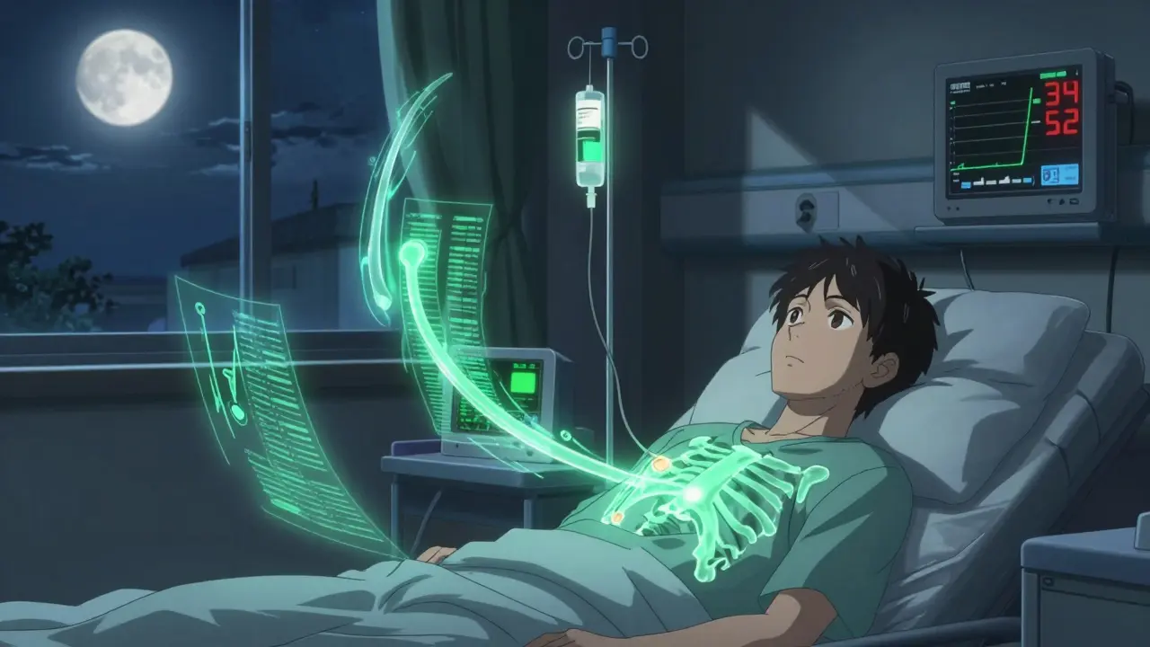 Patient receiving yearly IV bone treatment, glowing data streams showing increasing bone density.