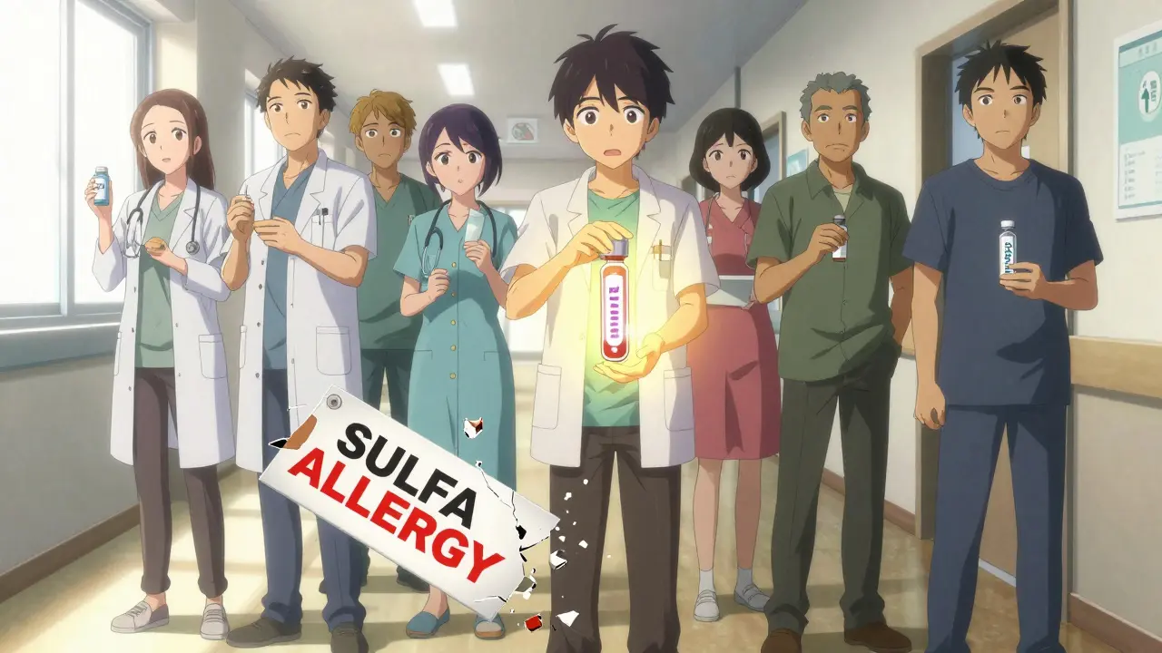 Patients confidently holding safe meds as 'Sulfa Allergy' label crumbles, glowing blood test in hand.