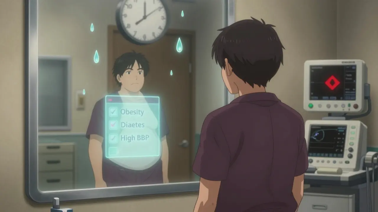 Person sees metabolic syndrome checklist projected on their body as fat rains down.