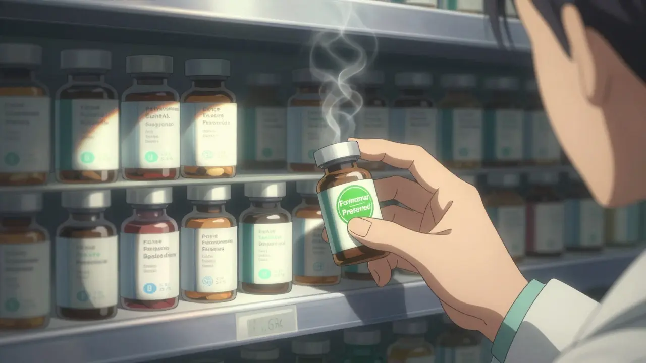 Pharmacy shelf with generic drugs glowing with safety and supply reliability ratings.