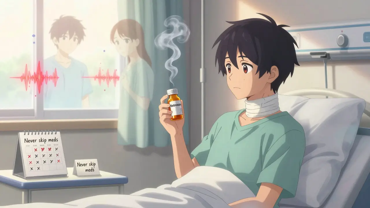 Recovering patient holding medication as ghostly images of past crisis fade in morning light.