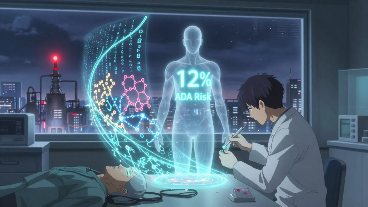 Scientist analyzing holographic multi-omics data to predict immunogenicity risk.