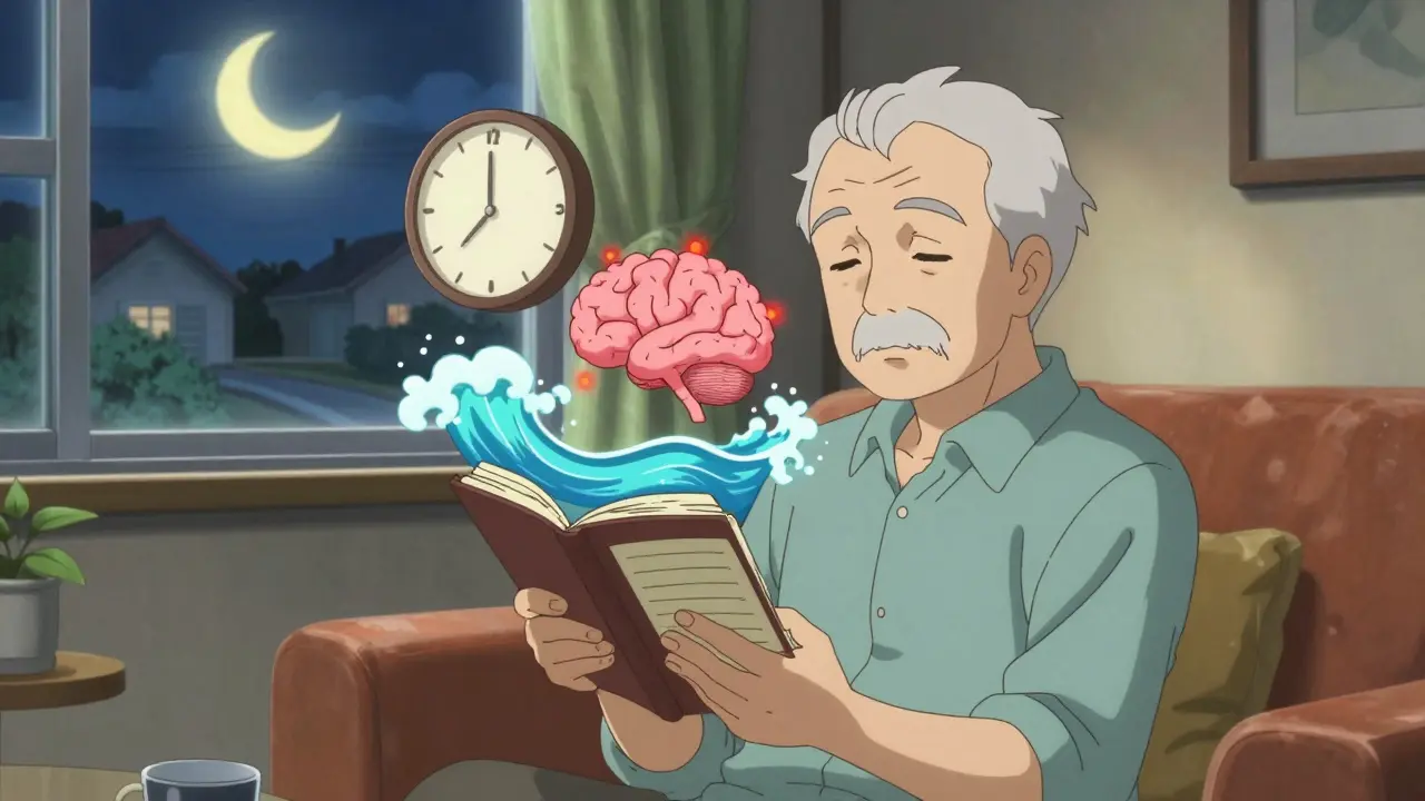 Senior man with sleep diary, floating symbols of circadian rhythm, moon outside window, calm atmosphere.