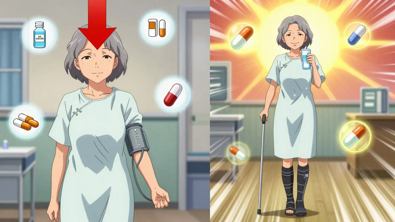 Senior woman transitioning from dizziness to safety with compression stockings and healthy habits.